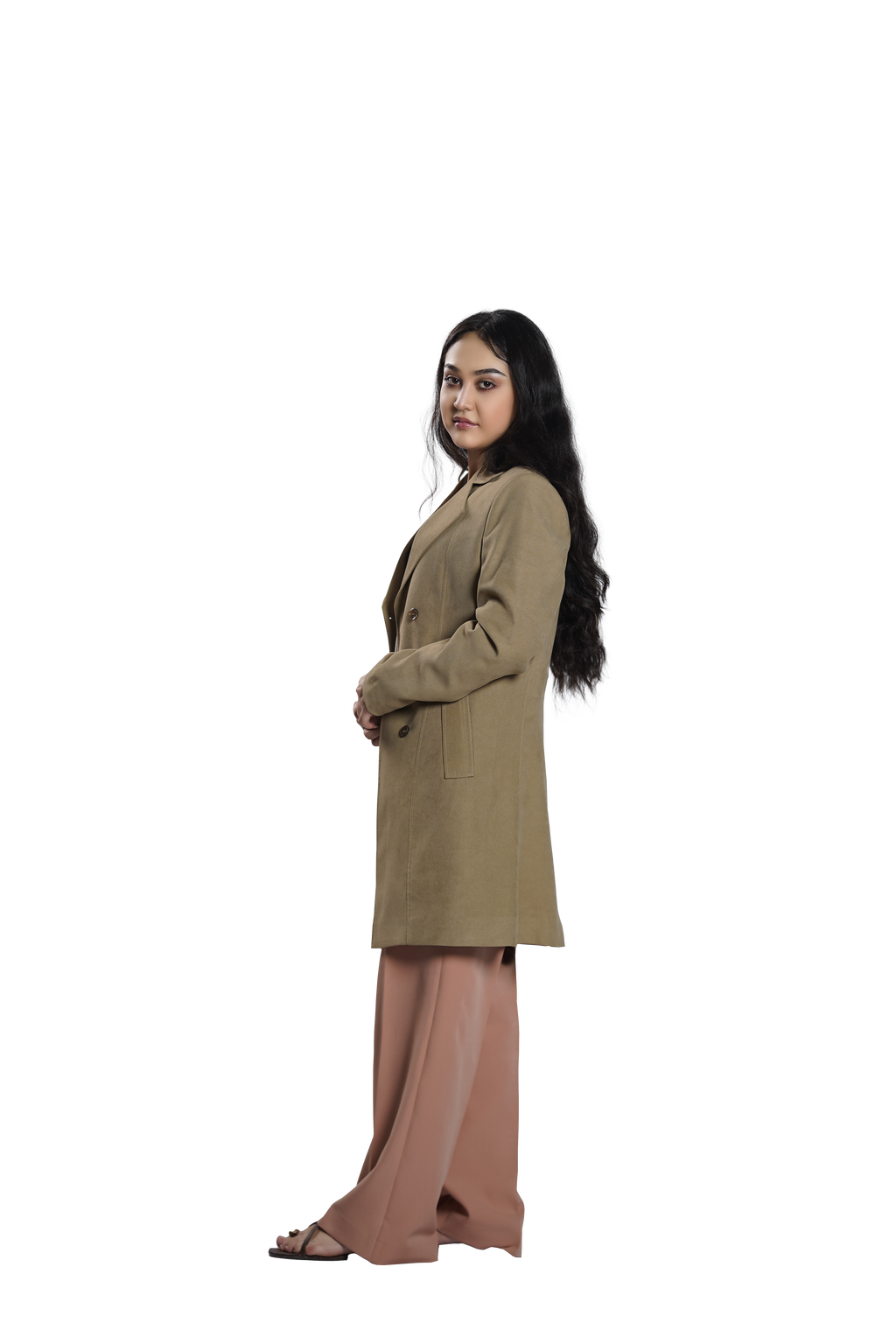 Women's Classic Double-Breasted Wool Blend Coat – Olive Beige