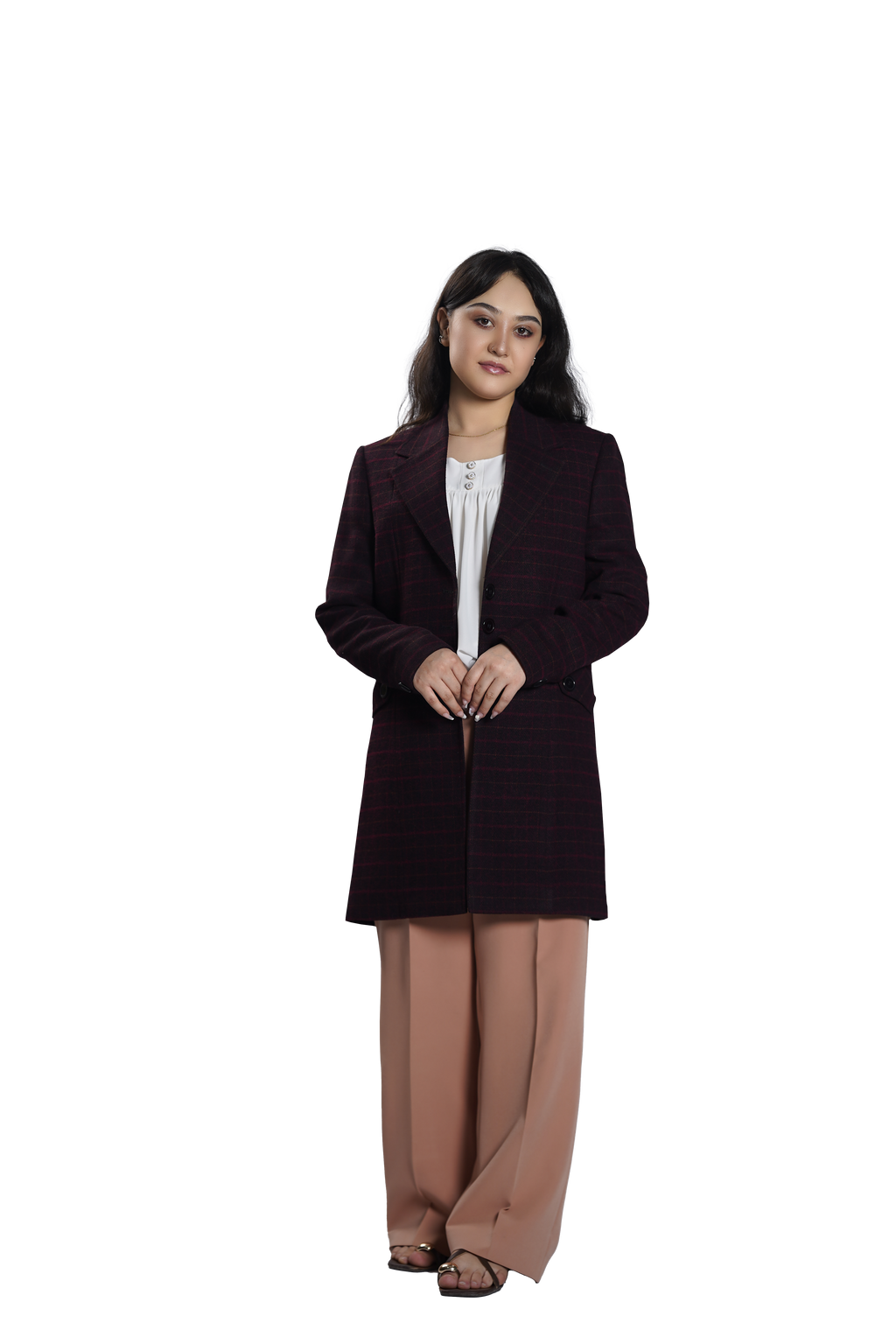 Women's Classic Burgundy Check Longline Blazer