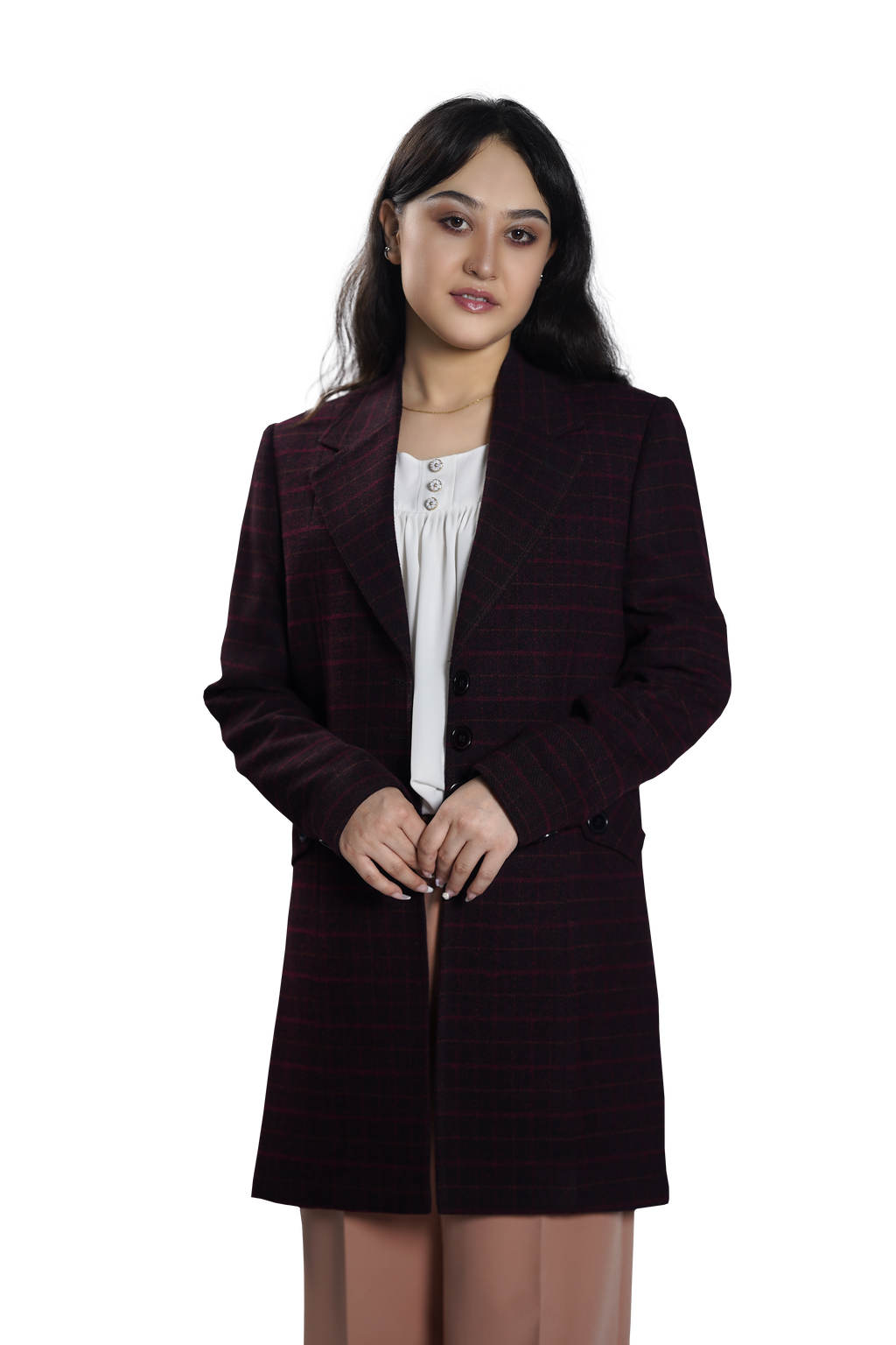Women's Classic Burgundy Check Longline Blazer