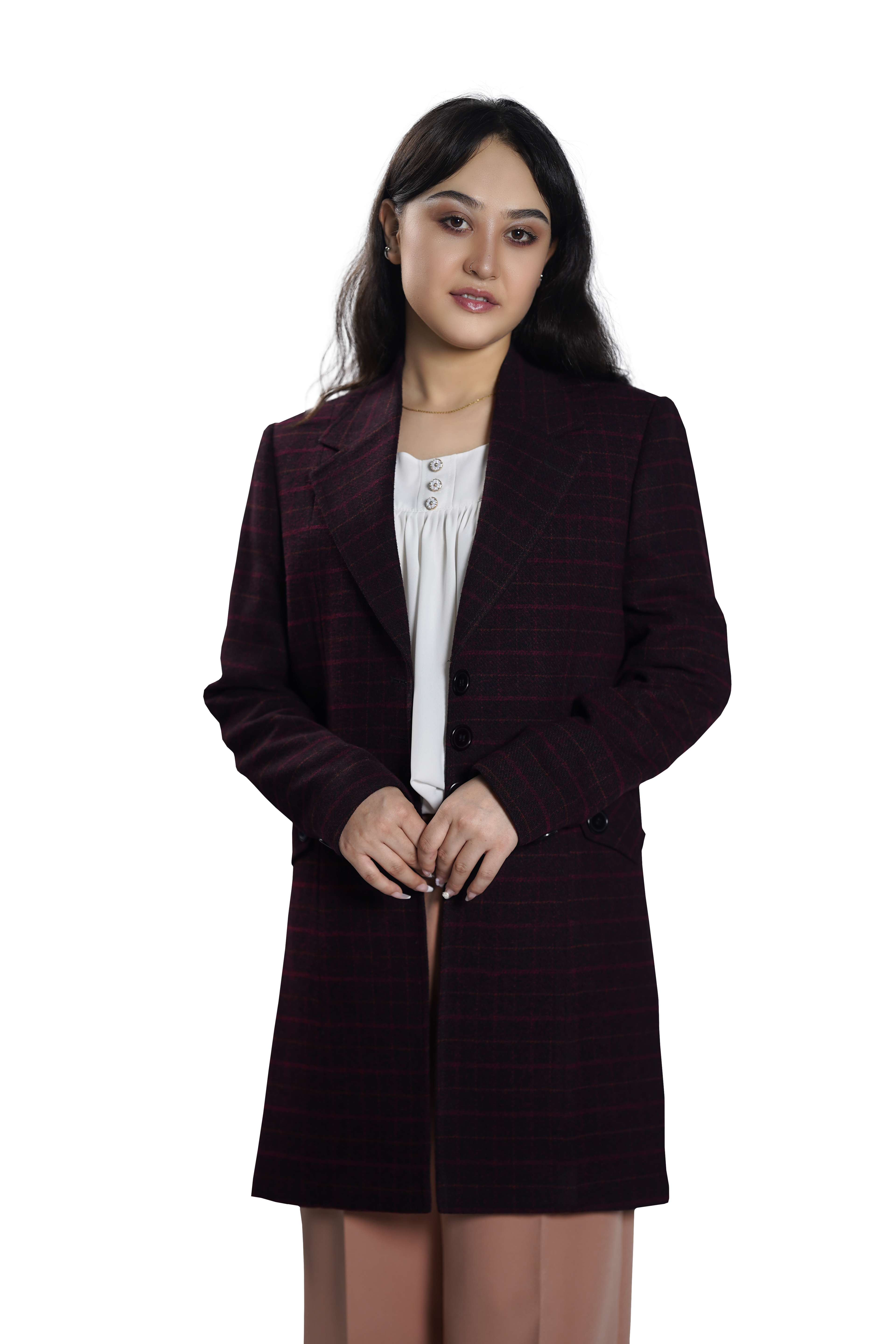 Women's Classic Burgundy Check Longline Blazer