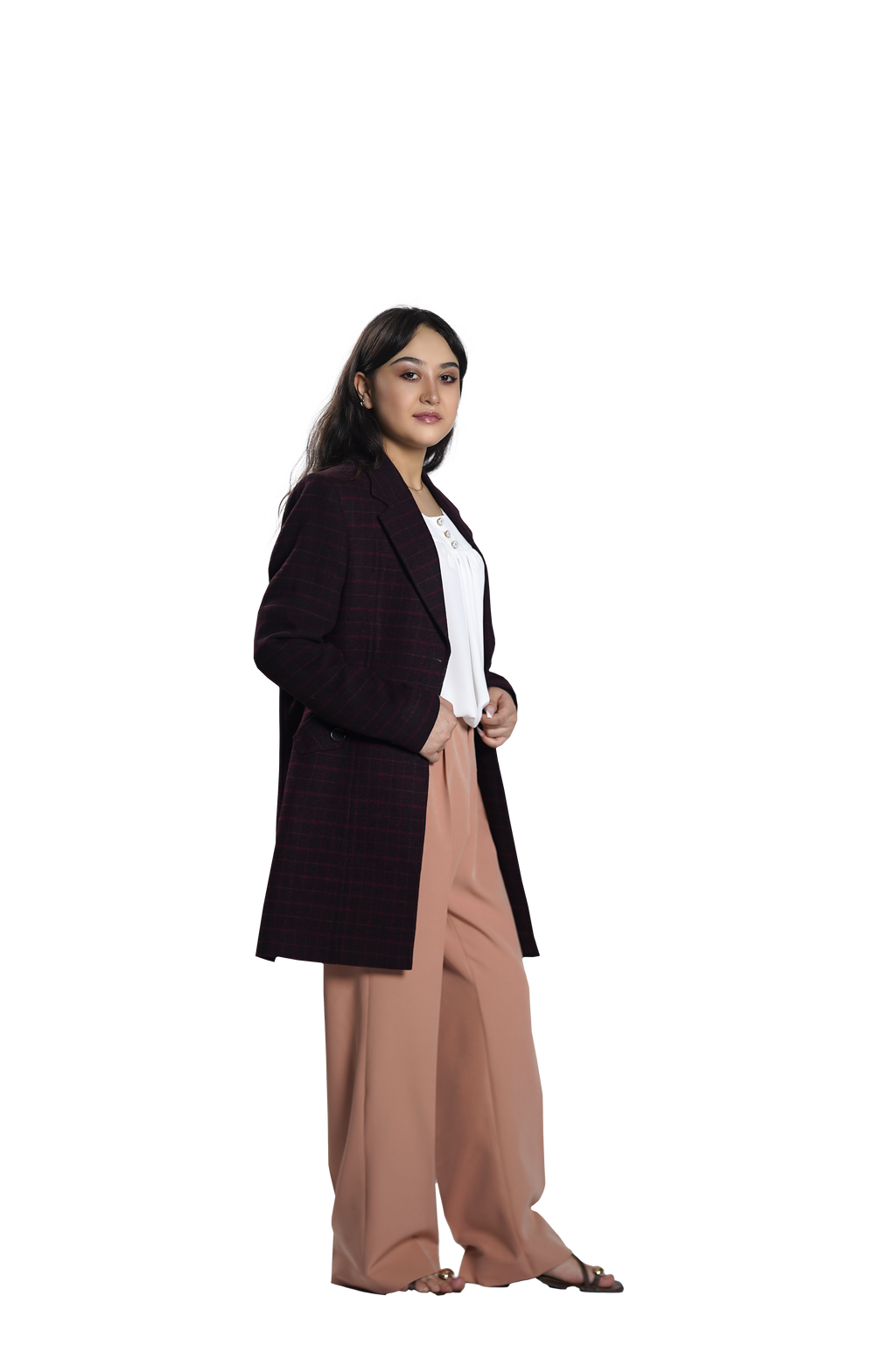 Women's Classic Burgundy Check Longline Blazer