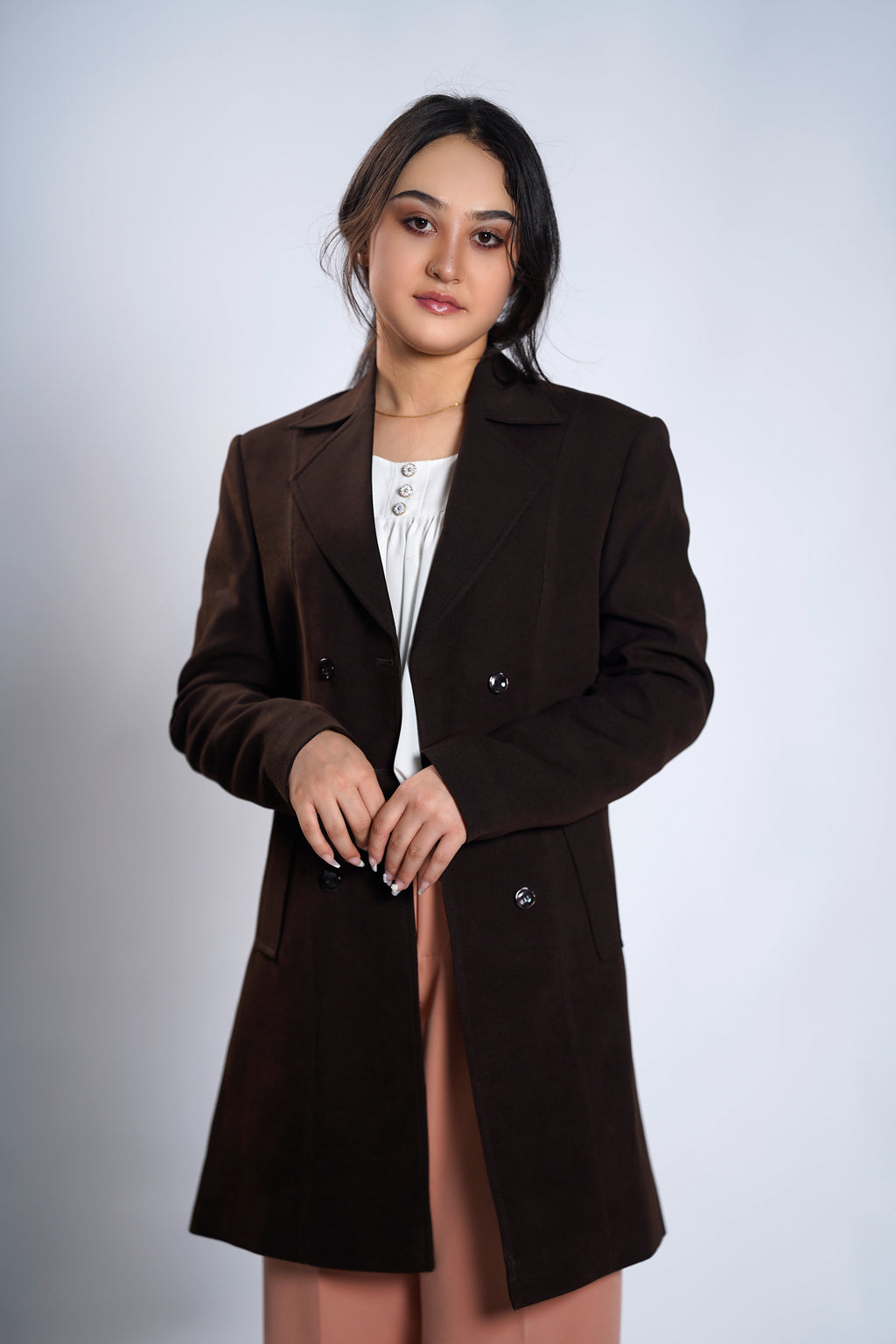 Women's Double-Breasted Chocolate Brown Longline Blazer