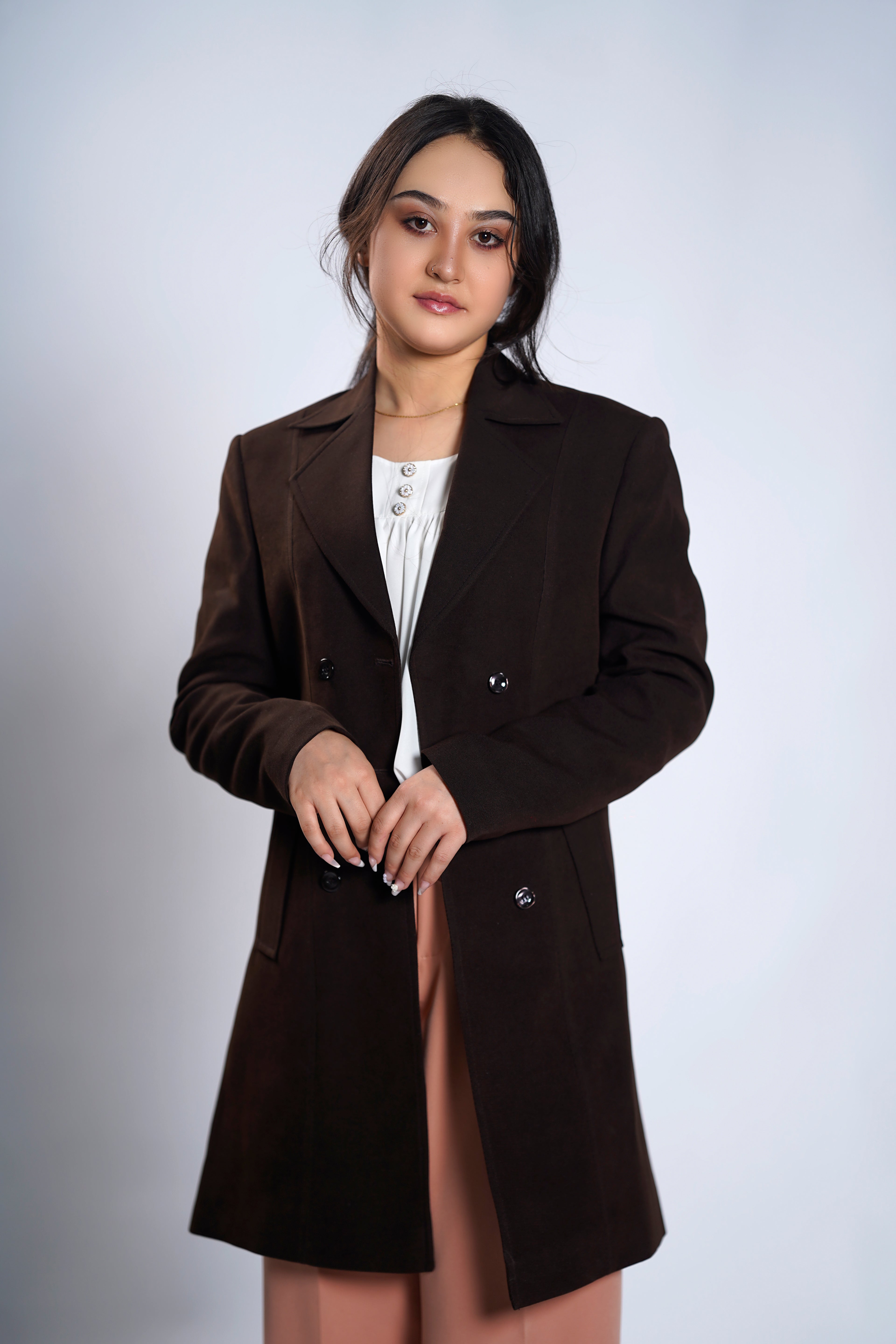 Women's Double-Breasted Chocolate Brown Longline Blazer