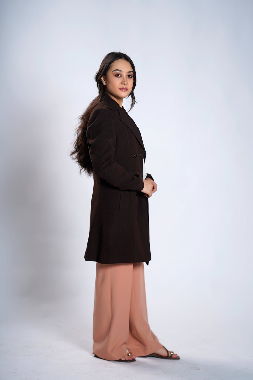Women's Double-Breasted Chocolate Brown Longline Blazer