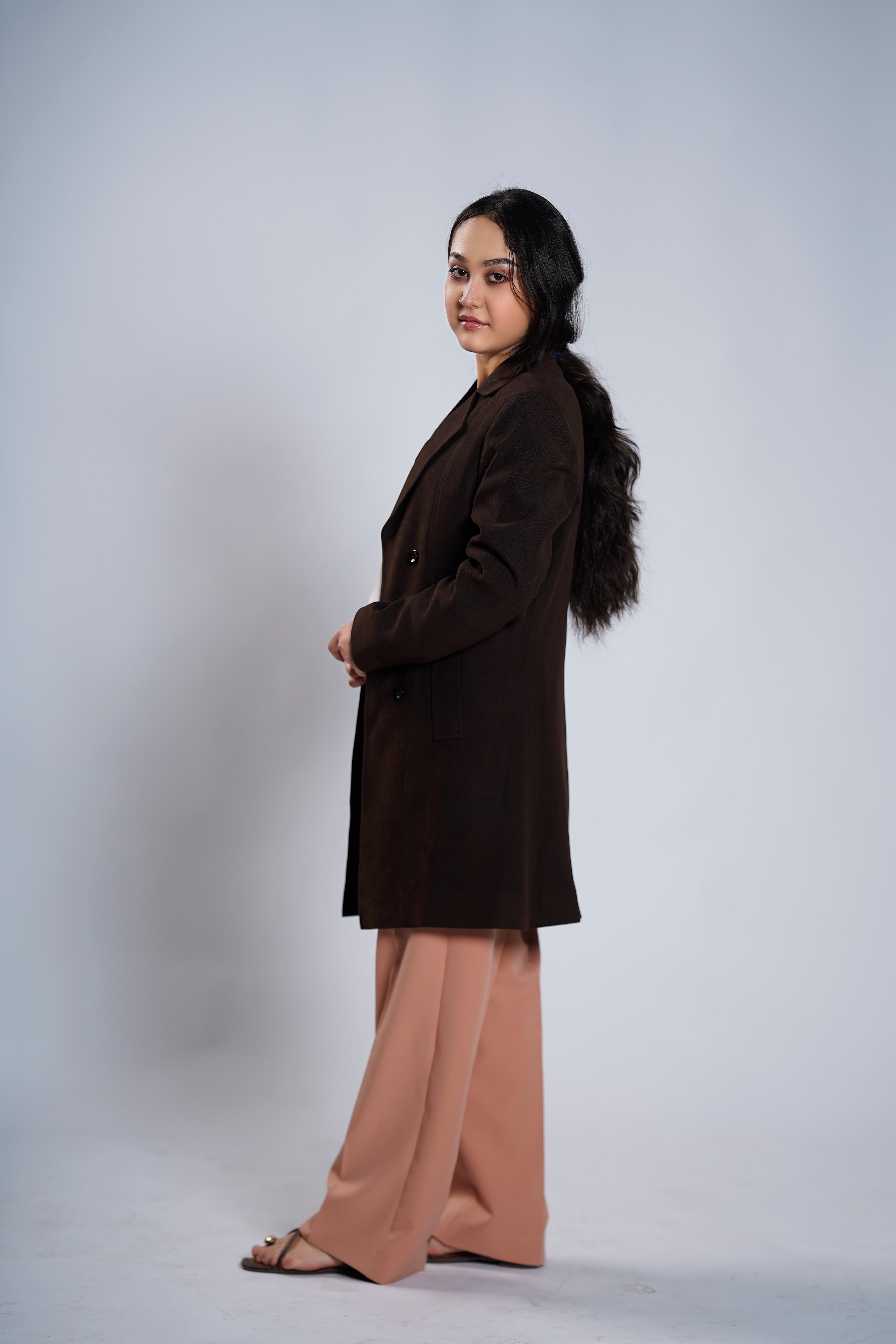 Women's Double-Breasted Chocolate Brown Longline Blazer