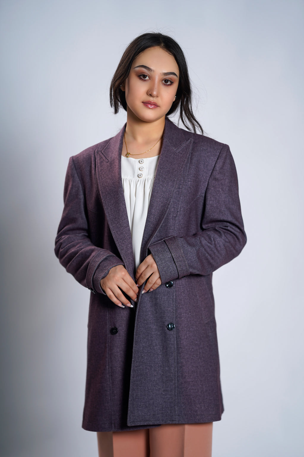 Women's Heather Mauve Double-Breasted Longline Blazer
