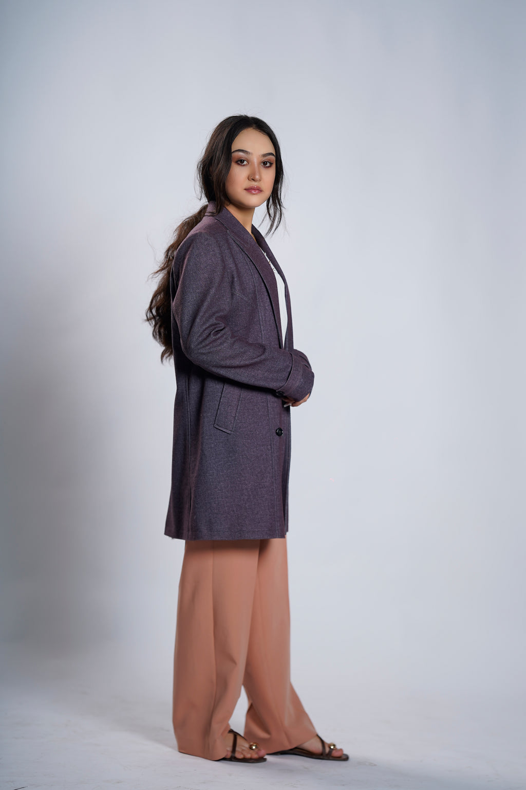Women's Heather Mauve Double-Breasted Longline Blazer