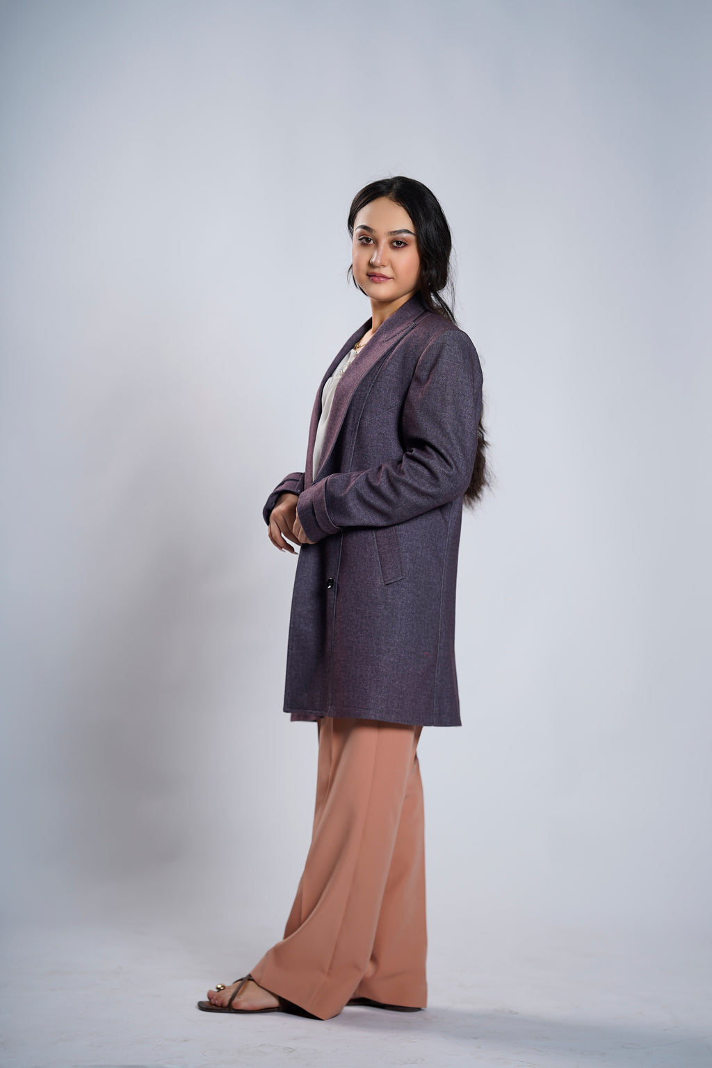 Women's Heather Mauve Double-Breasted Longline Blazer