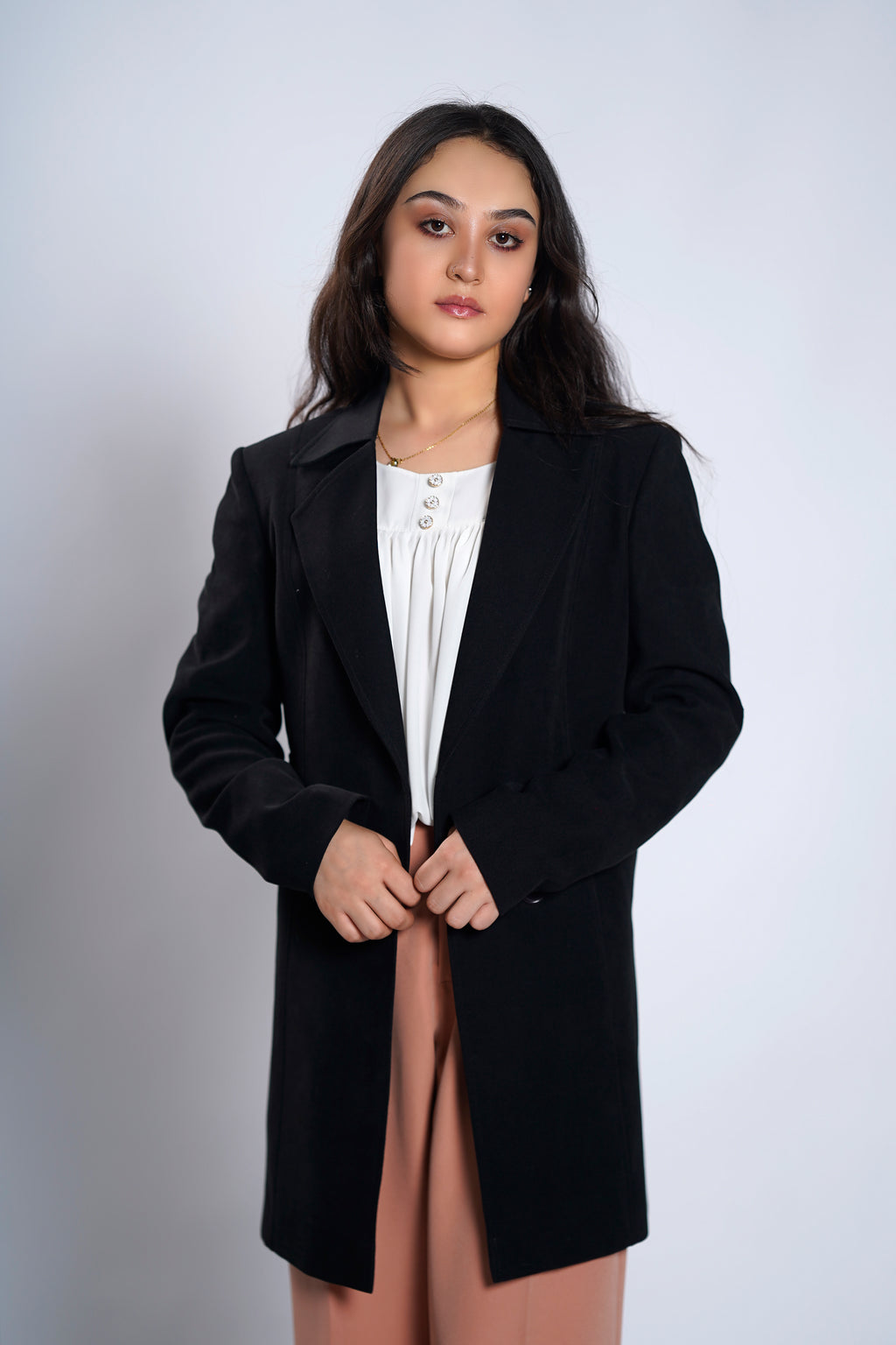 Women's Classic Black Mid-Length Wool Blend Coat – Elegant Winter Overcoat