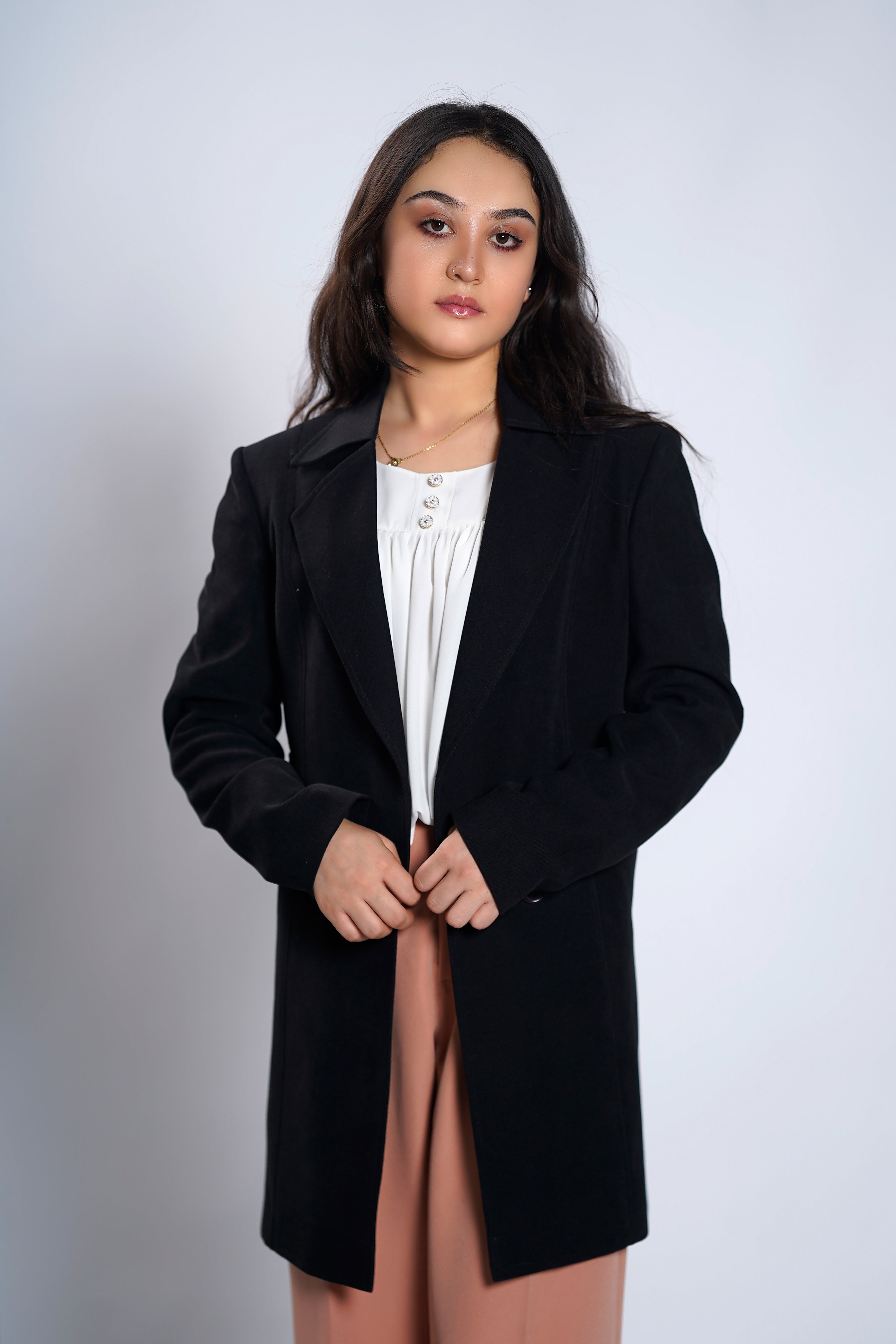 Women's Classic Black Mid-Length Wool Blend Coat – Elegant Winter Overcoat