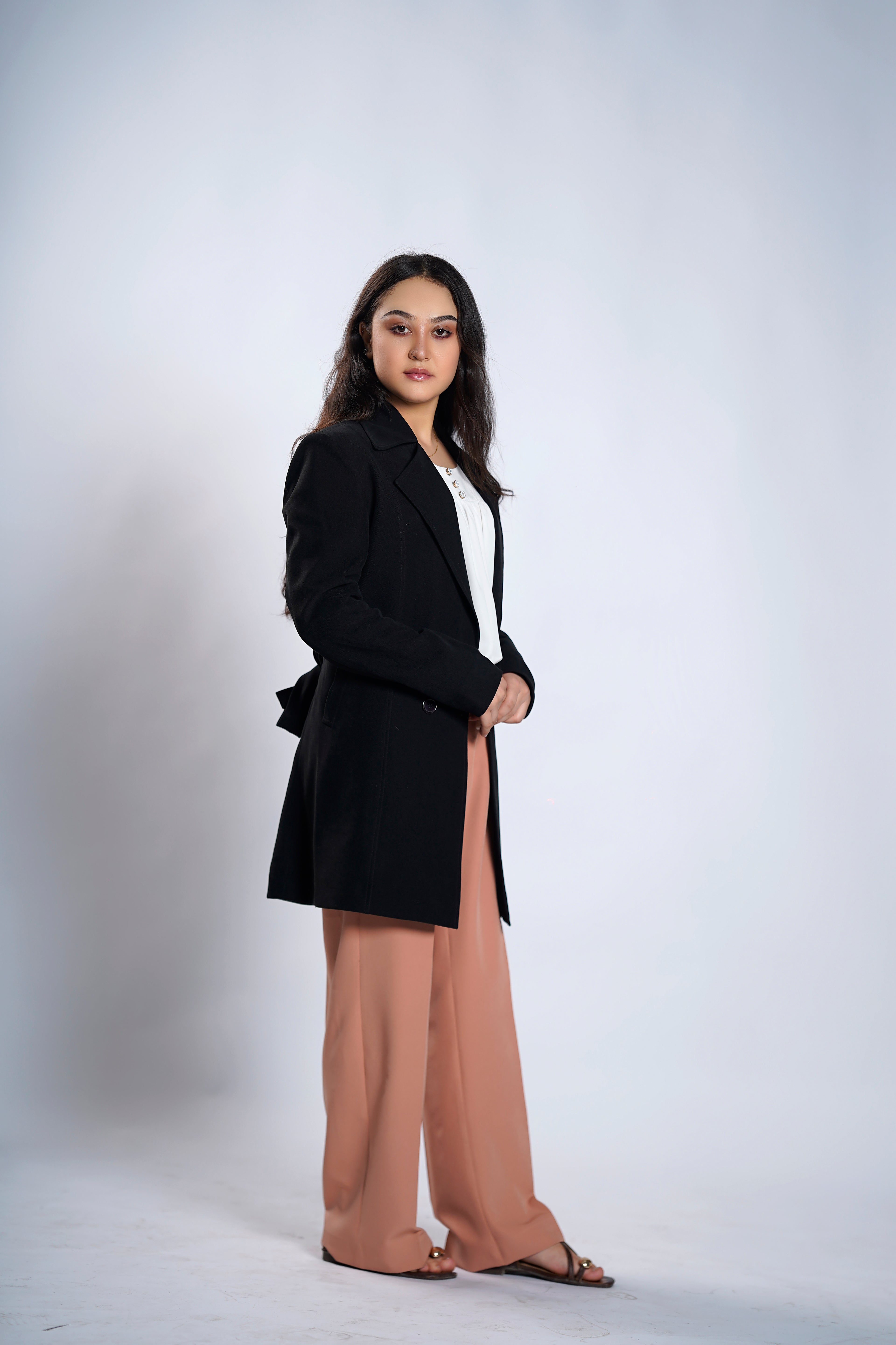 Women's Classic Black Mid-Length Wool Blend Coat – Elegant Winter Overcoat