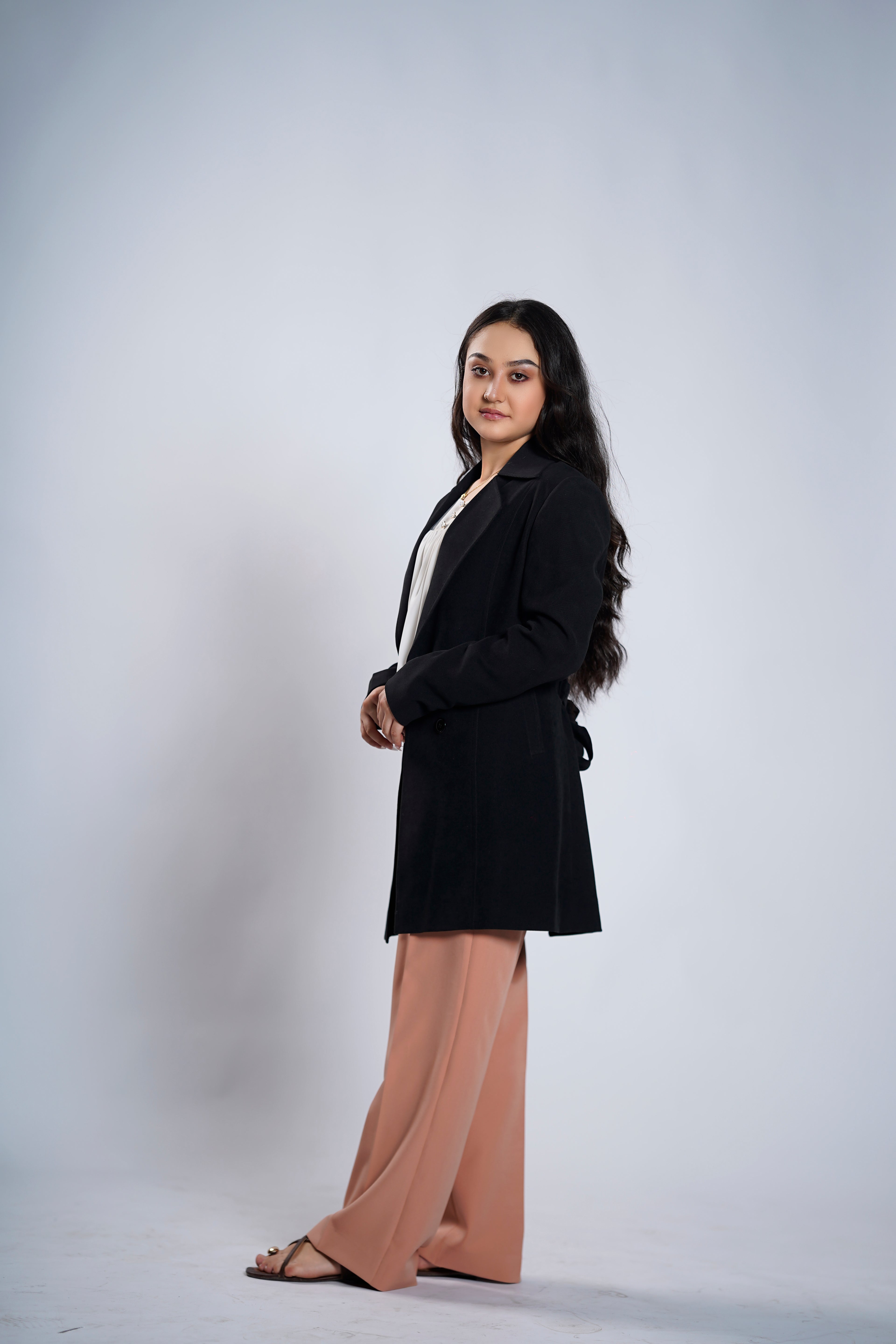 Women's Classic Black Mid-Length Wool Blend Coat – Elegant Winter Overcoat