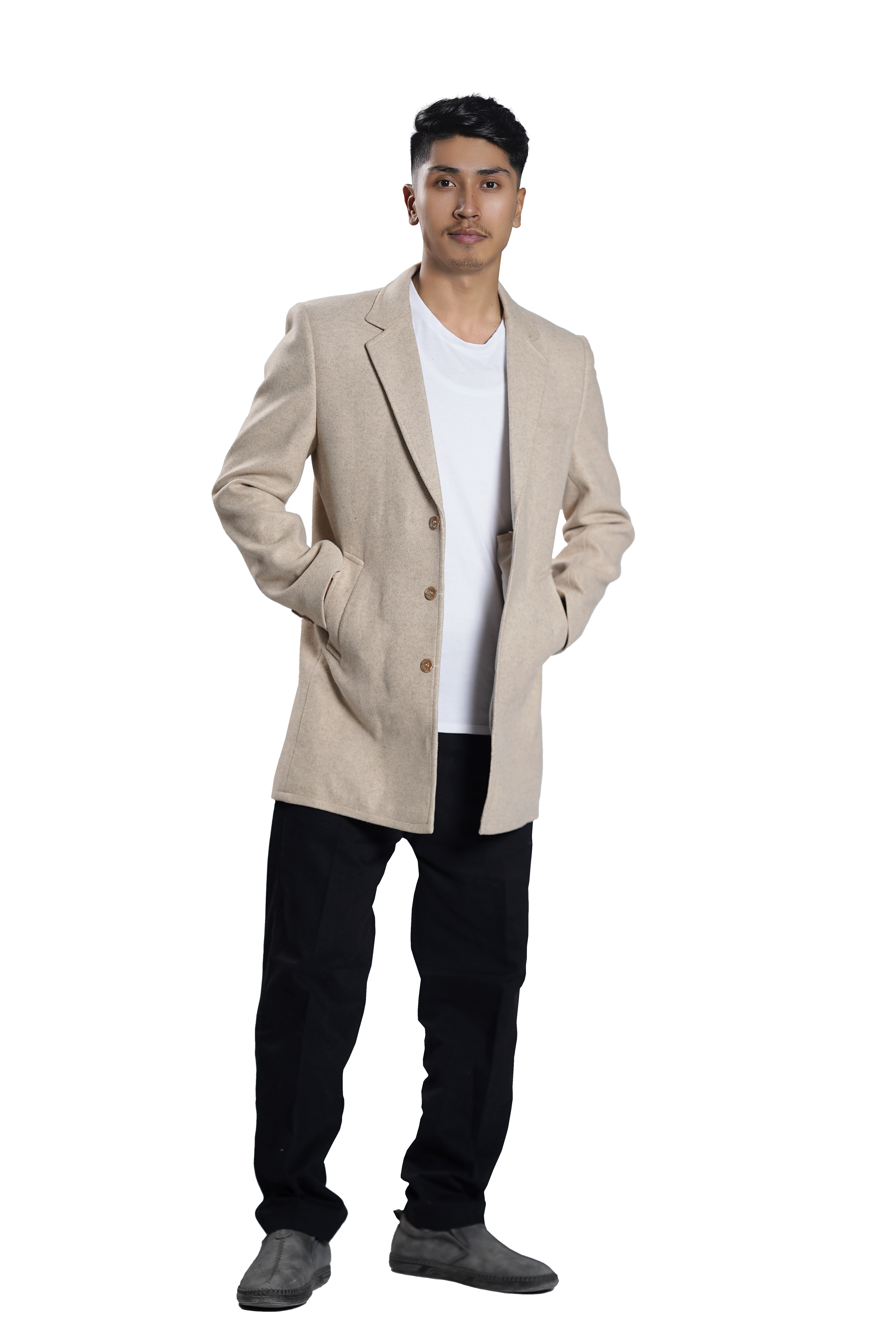 Men's Beige Wool Blend Overcoat – Classic Tailored Mid-Length Winter Coat