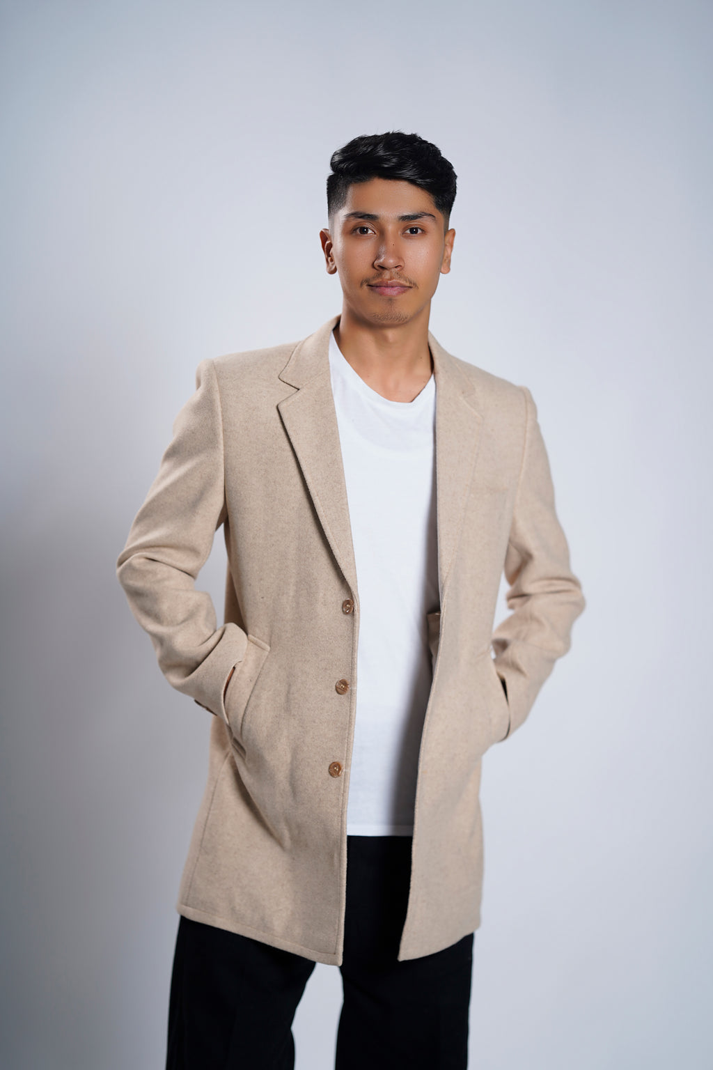 Men's Beige Wool Blend Overcoat – Classic Tailored Mid-Length Winter Coat