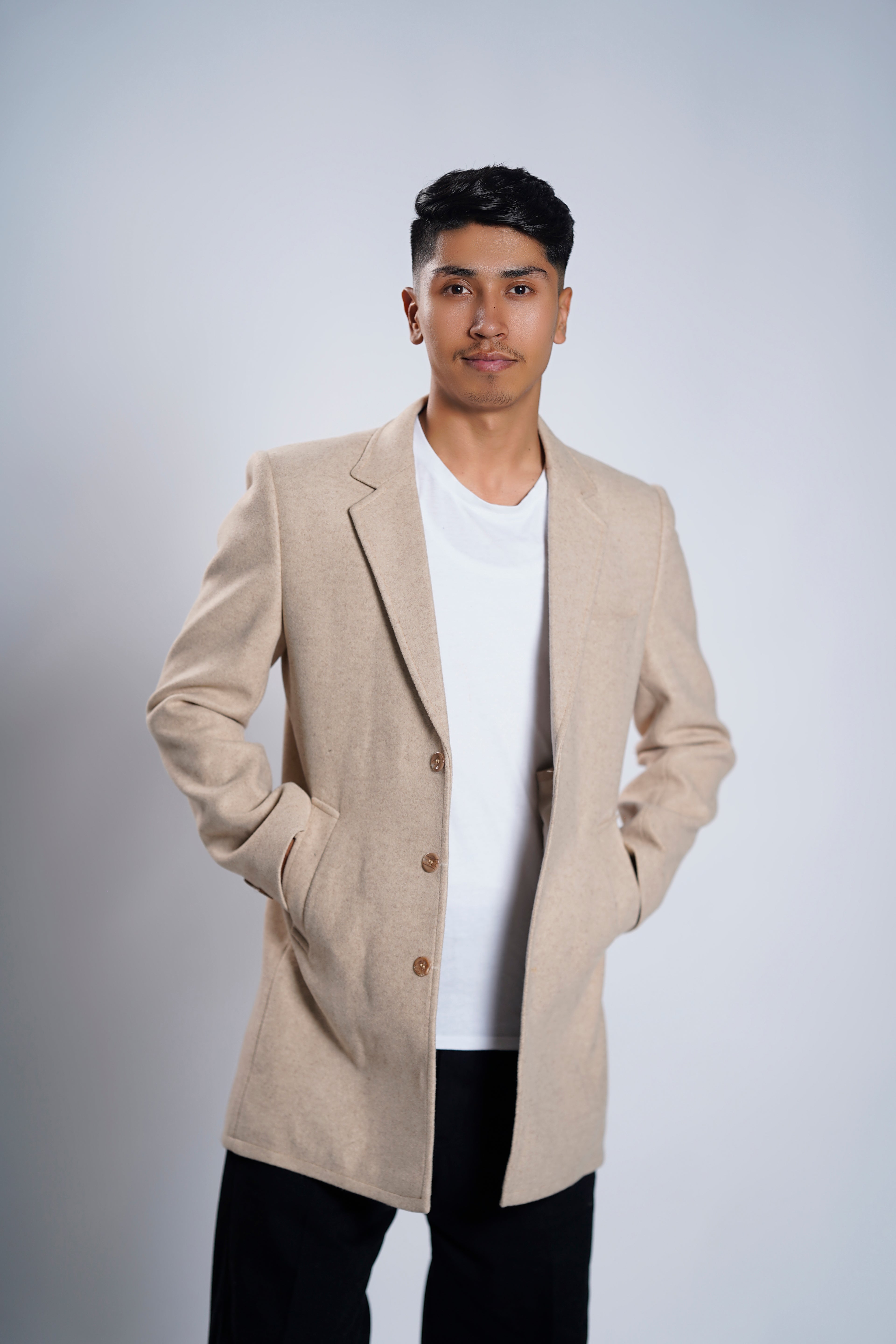 Men's Beige Wool Blend Overcoat – Classic Tailored Mid-Length Winter Coat