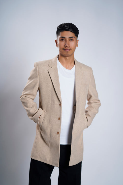 Men's Beige Wool Blend Overcoat – Classic Tailored Mid-Length Winter Coat