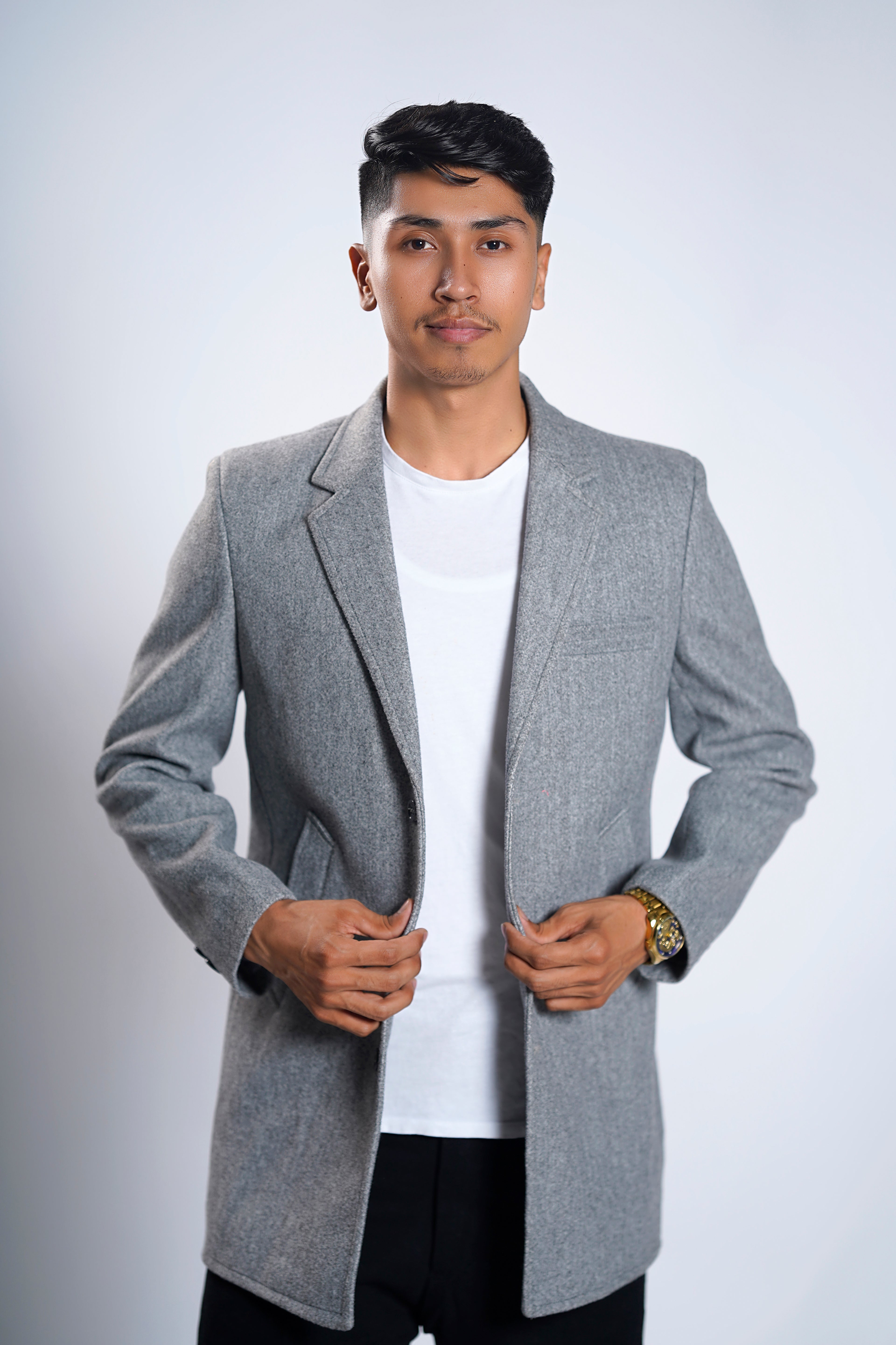 Men's Light Grey Wool Blend Overcoat – Classic Tailored Mid-Length Winter Coat