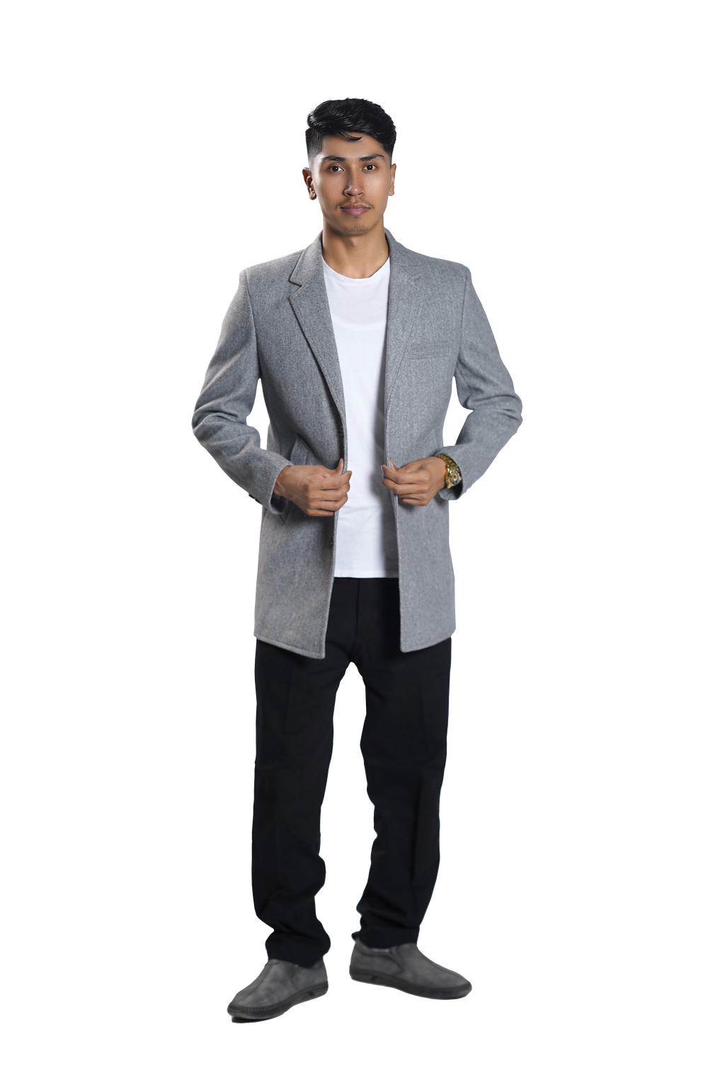 Men's Light Grey Wool Blend Overcoat – Classic Tailored Mid-Length Winter Coat