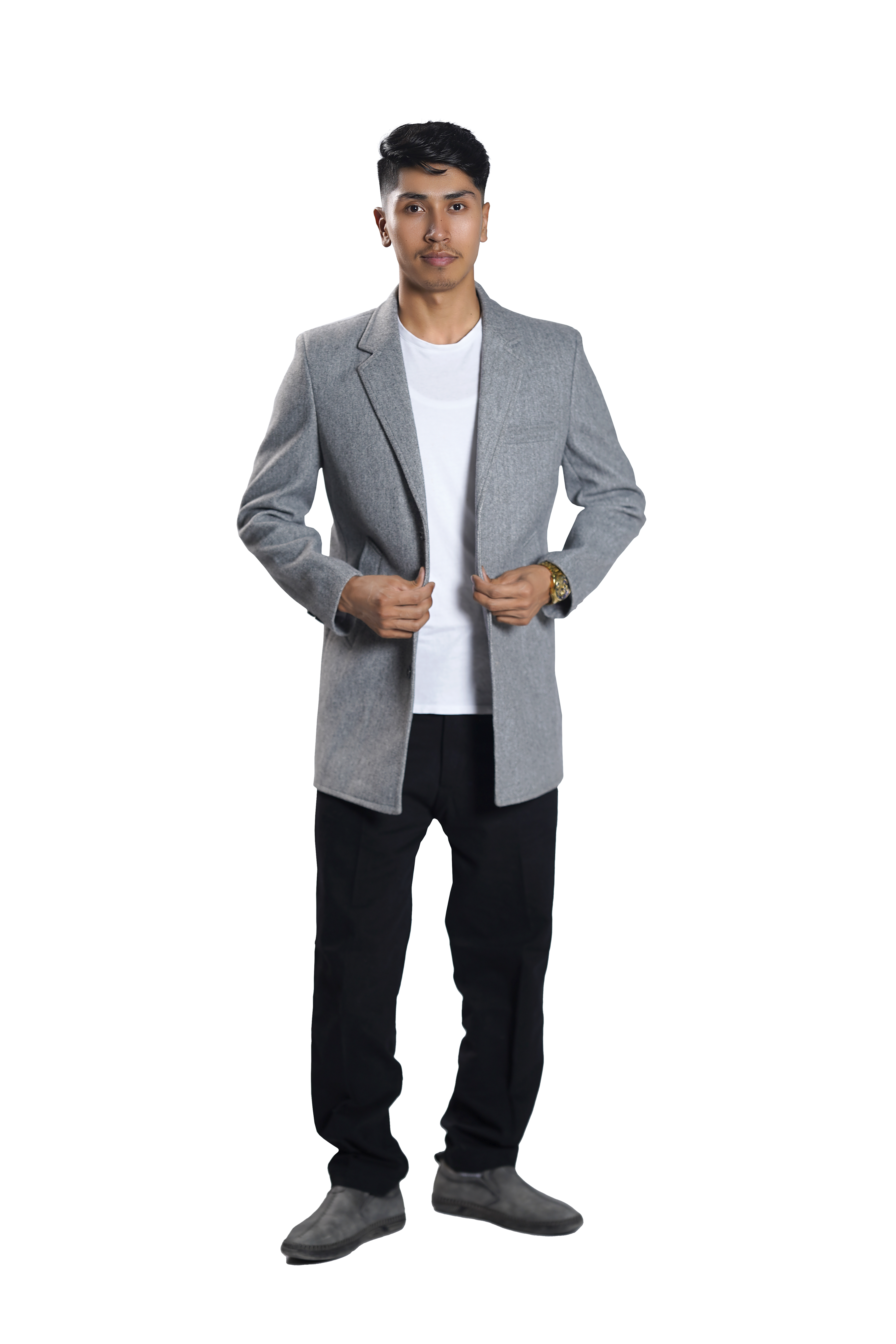 Men's Light Grey Wool Blend Overcoat – Classic Tailored Mid-Length Winter Coat
