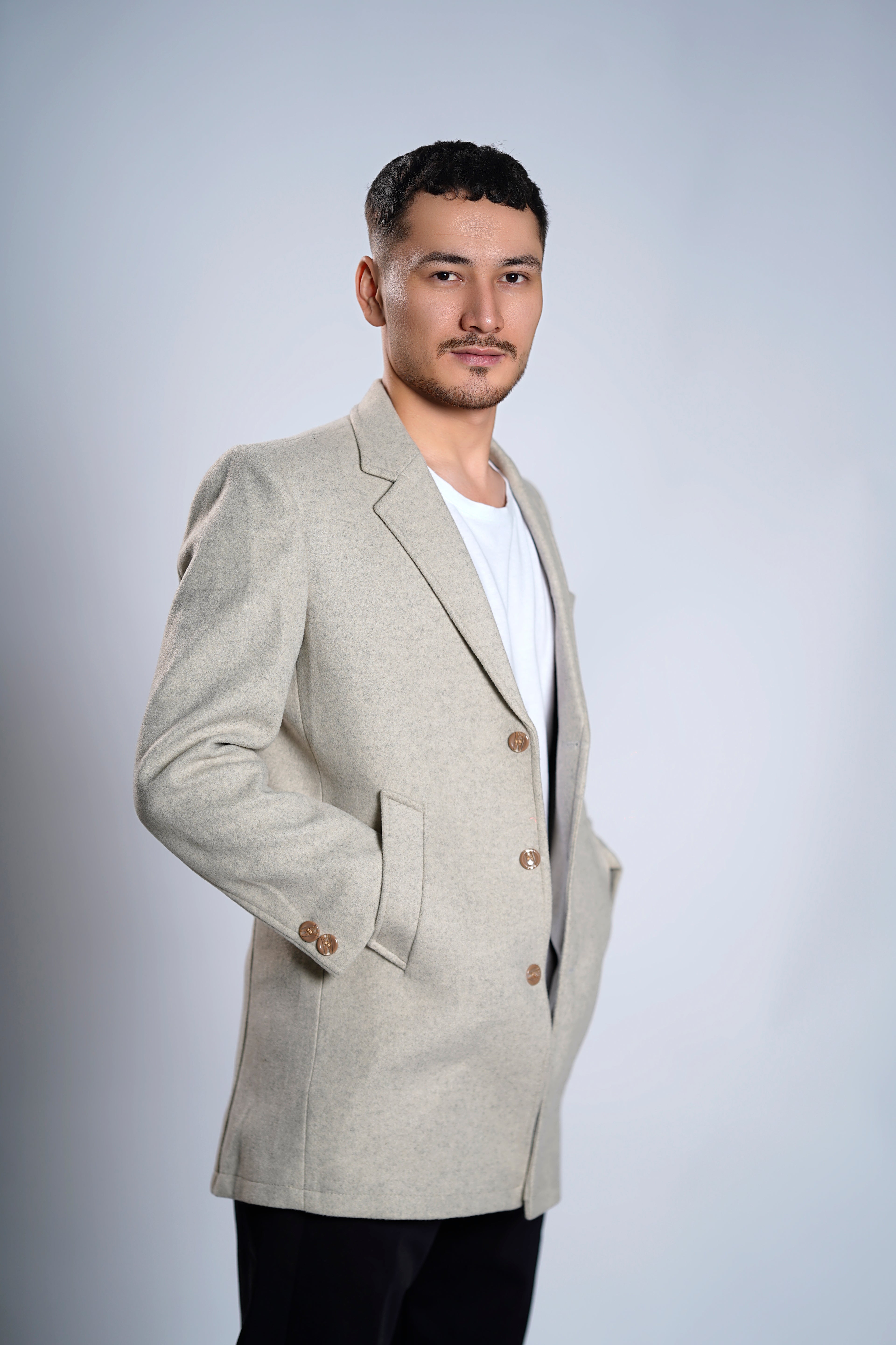 Men's Cream Wool Blend Overcoat – Classic Tailored Mid-Length Winter Coat
