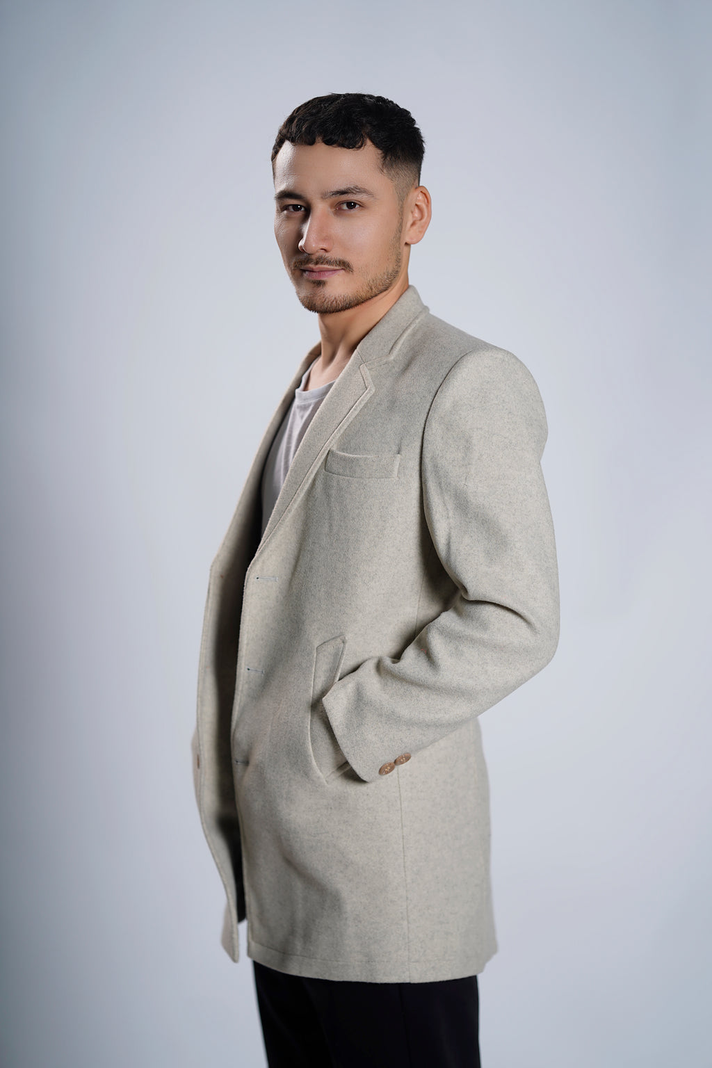 Men's Cream Wool Blend Overcoat – Classic Tailored Mid-Length Winter Coat
