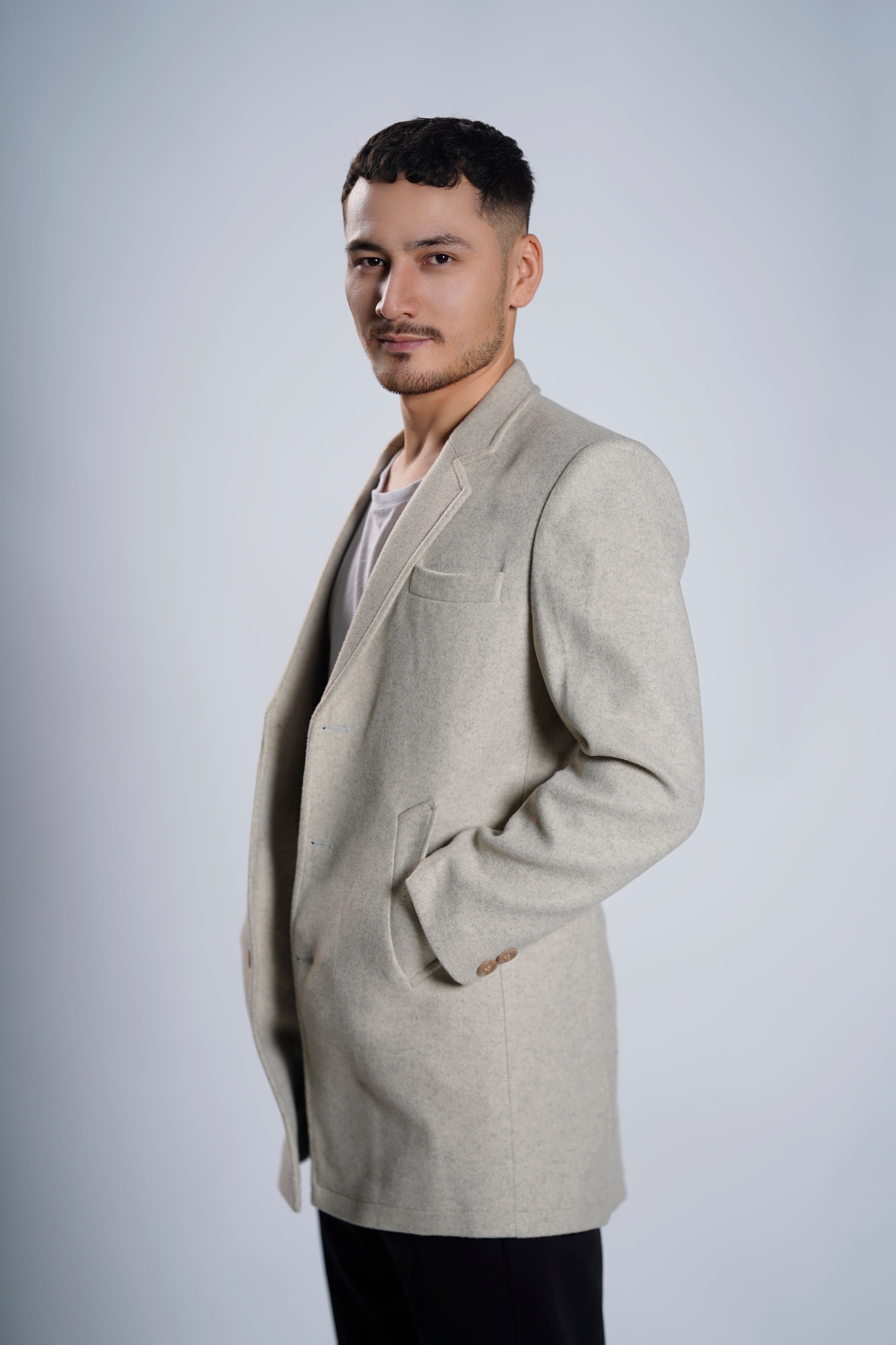 Men's Cream Wool Blend Overcoat – Classic Tailored Mid-Length Winter Coat